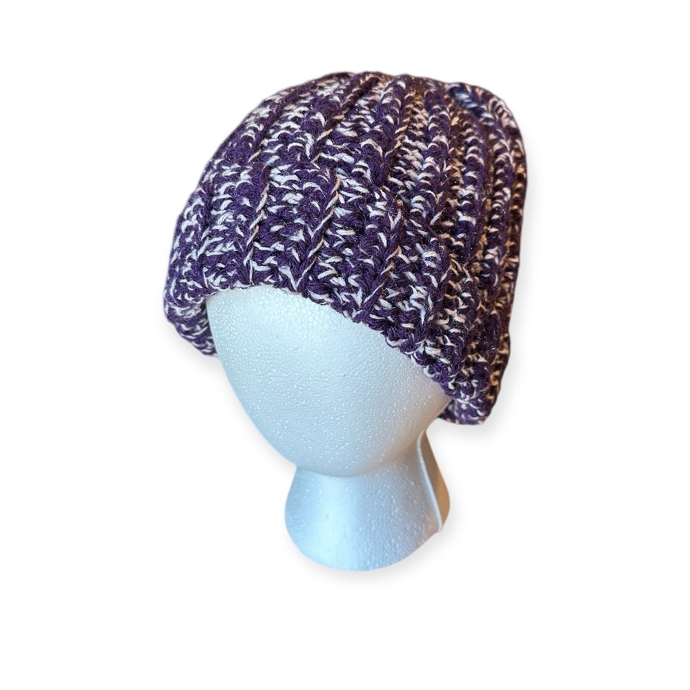 New Handmade Crochet Beanie Fold over Thick Hat Winter Purple Blush Confetti